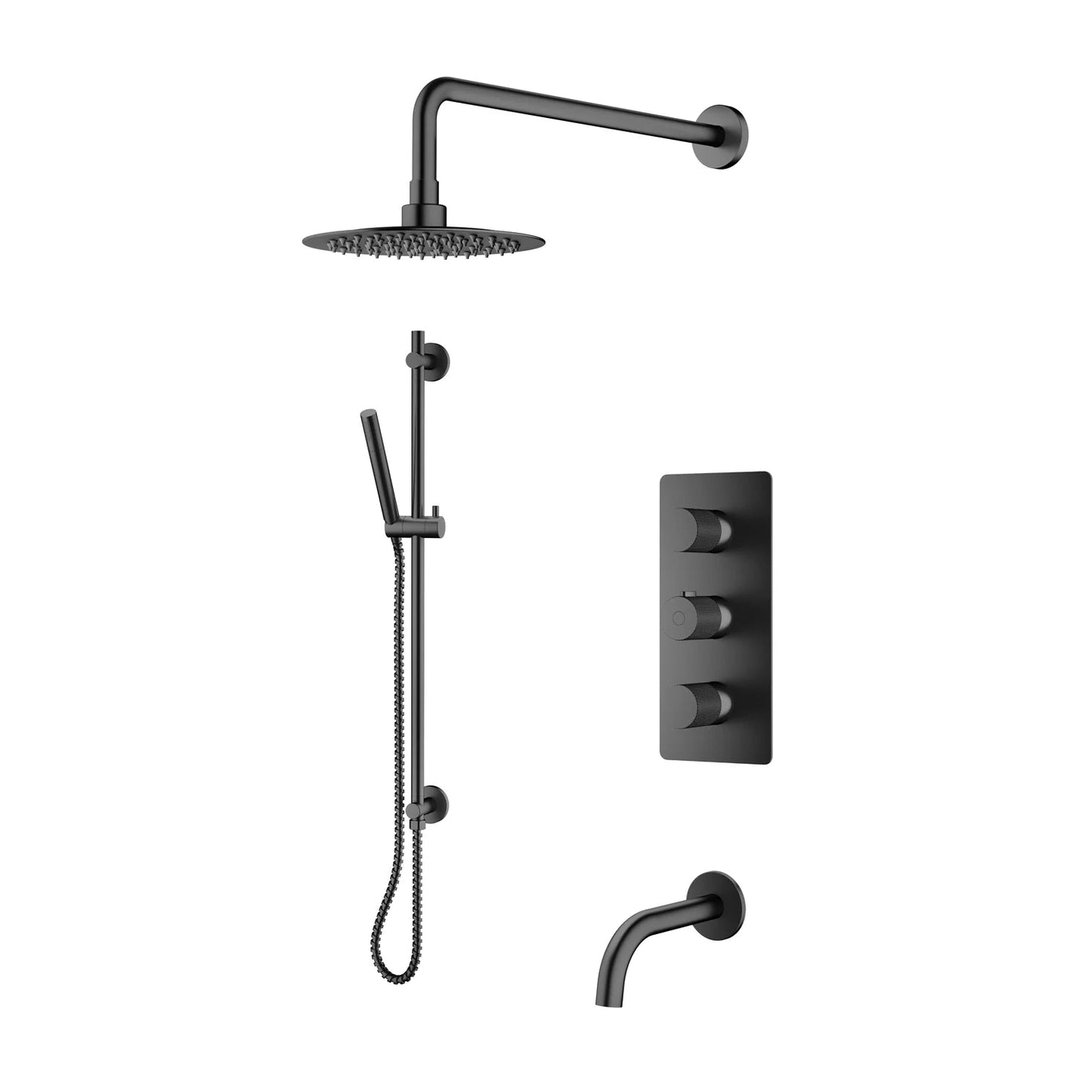 Ensemble De Douche/Baignoire Thermostatique: Pomme De Douche, Douchette Sur Rail, Valve Et Bec Fini Noir Mat
