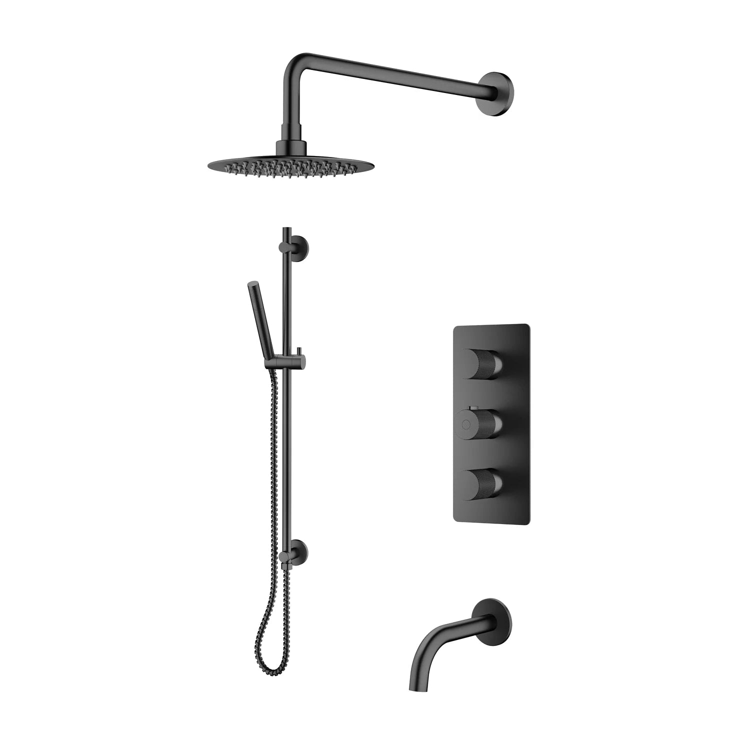 Ensemble De Douche/Baignoire Thermostatique: Pomme De Douche, Douchette Sur Rail, Valve Et Bec Fini Noir Mat